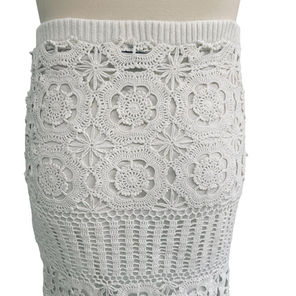 Boho Crochet Midi Skirt‎ White Floral Knit Lined 111 State XL Cottagecore - Picture 10 of 11